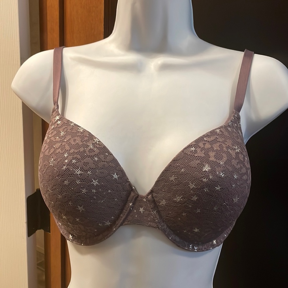 NWOT PINK dark purple and silver star lace bra.